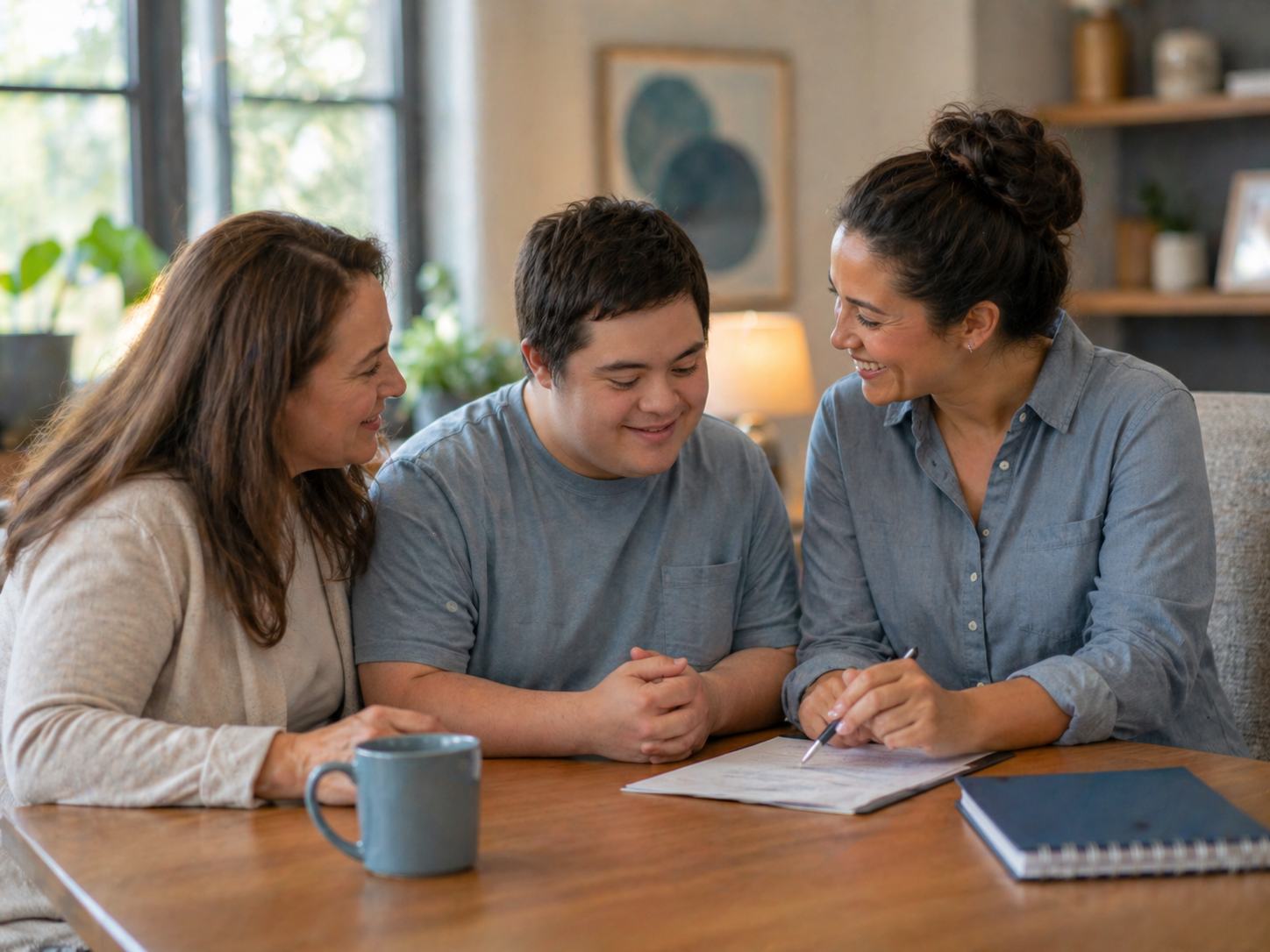 A family and supported person sharing a meaningful moment at home.