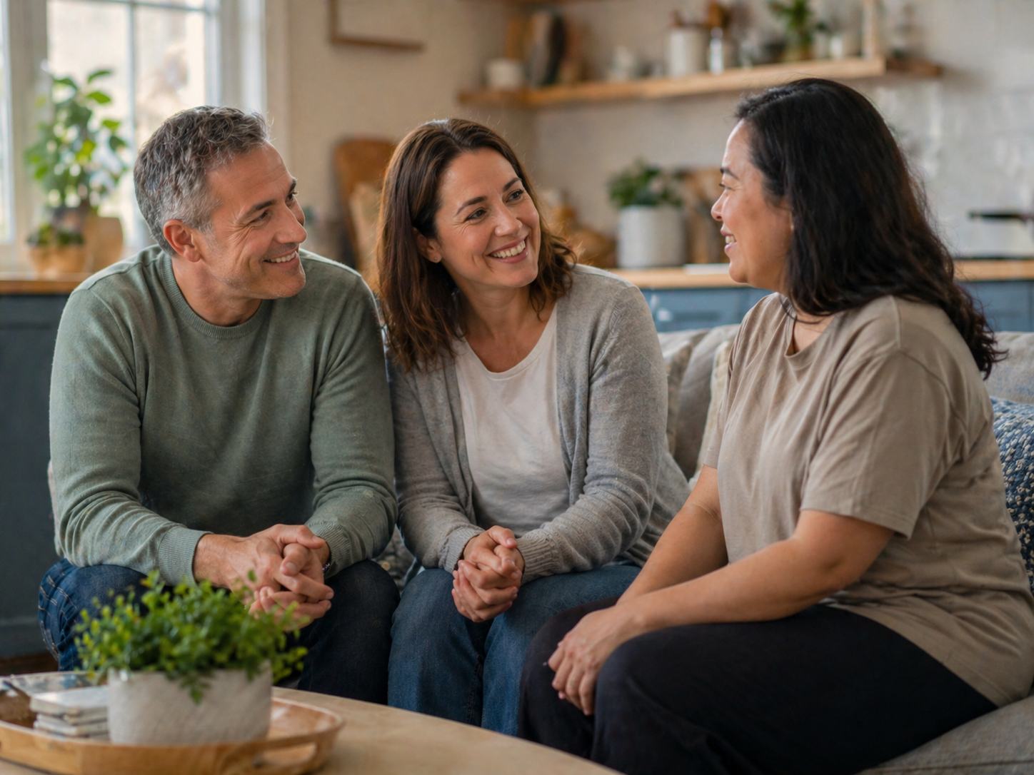 People in supportive conversation in a comfortable home setting.